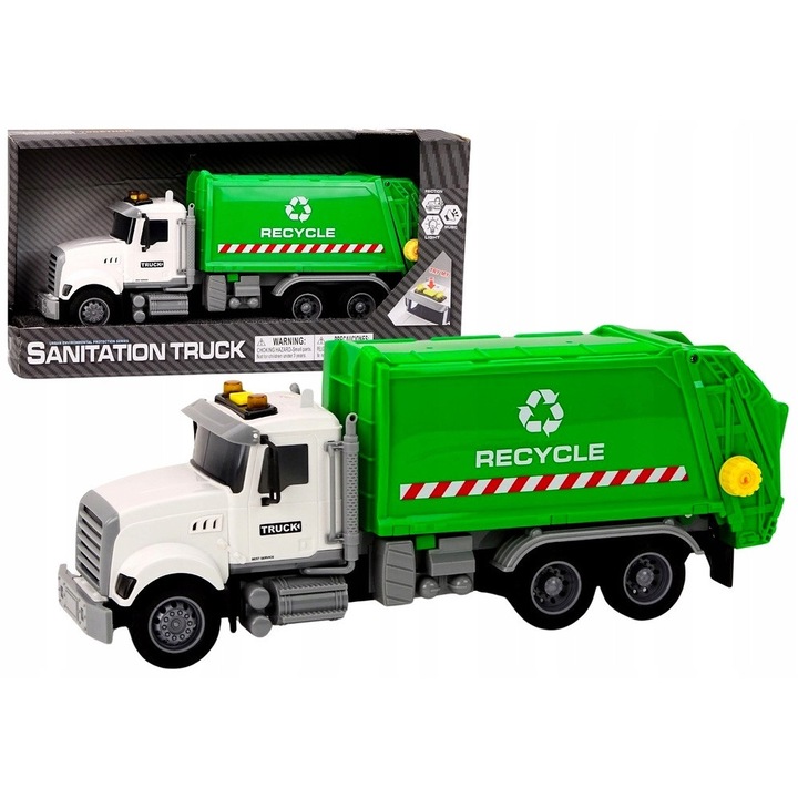 Camion de gunoi cu 2 cosuri, QULKI, efecte luminoase si sonore, alb-verde, 33,5x9x14cm