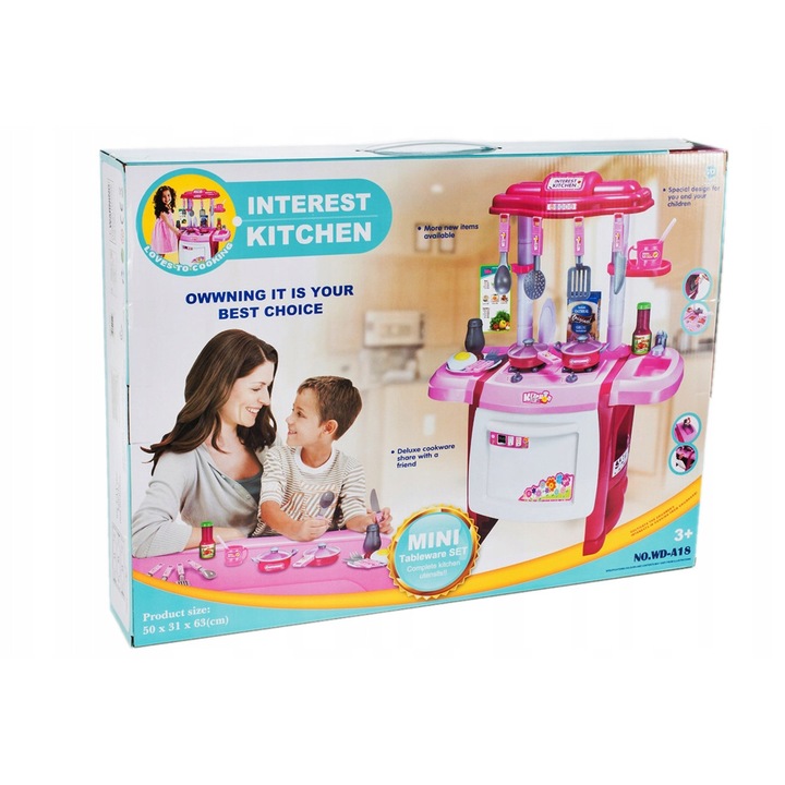 Bucatarie pentru copii, MalPlay, roz, cu accesorii, 2 plite, cuptor, 52x36x62cm, set complet