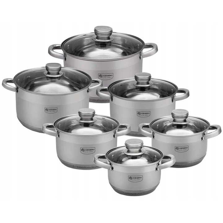 Set 12 piese oale inox Edenberg, 16x2.1l, 18x3.0l, 20x4.0l, 22x5.1l, 24x6.6l, 26x7.5l, cu capac din sticla