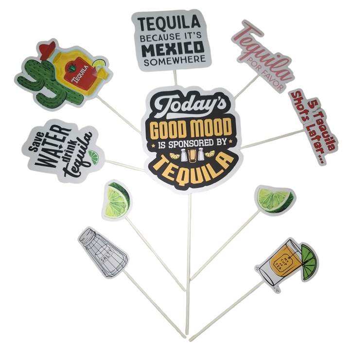 Decoratiune topper tort carton, tematica Tequila, aniversare - 10 piese