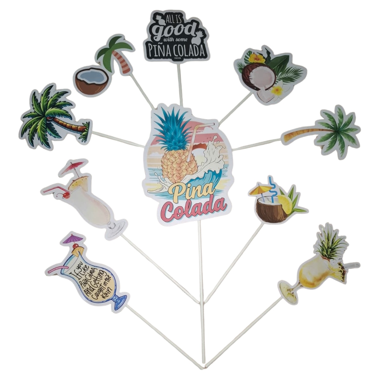 Decoratiune topper tort carton, tematica Pina Colada, aniversare - 10 ...
