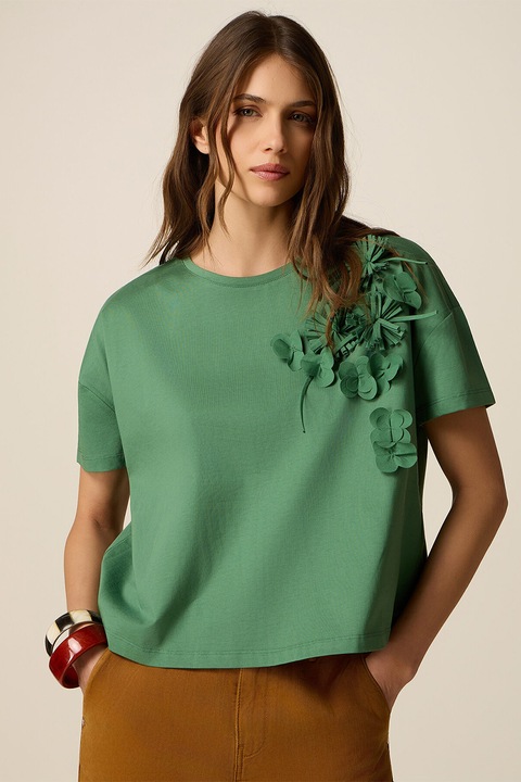 Oltre, Tricou cu aplicatii florale, Verde