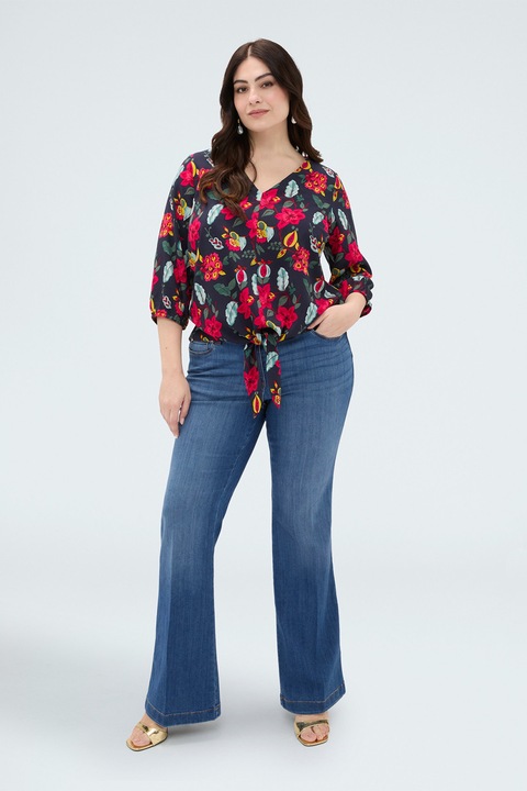 Fiorella Rubino, Bluza cu decolteu in V si model floral, Multicolor