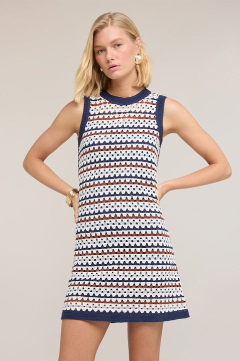 Motivi, Rochie mini cu decolteu la baza gatului si model tricotat, Alb/Bleumarin/Ocru