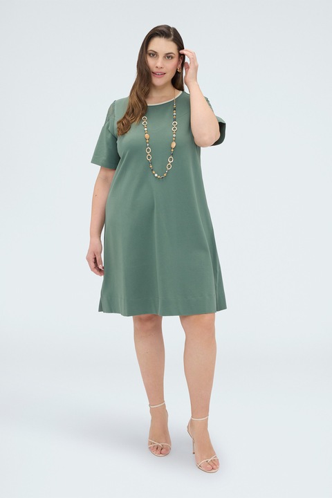 Fiorella Rubino, Rochie scurta cu croiala evazata si insertii din dantela cu model floral pe maneci, Verde sparanghel