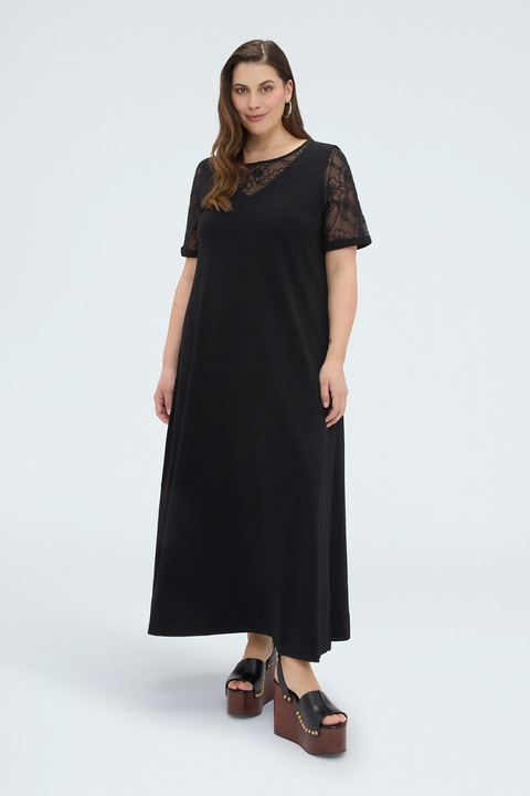 Fiorella Rubino, Rochie lunga cu insertii din dantela cu model floral, Negru