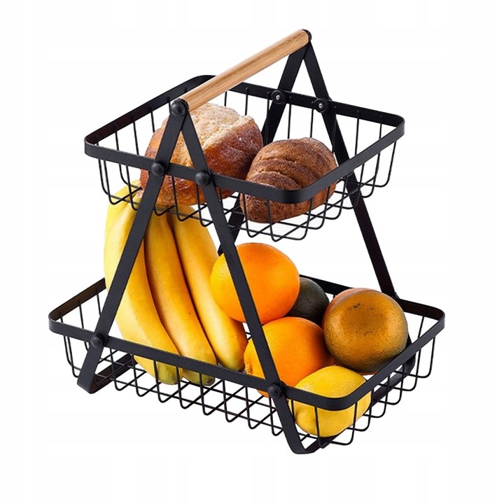 Cos de fructe, Rossner, 2 niveluri, metalic, negru, 30,5x18x31cm