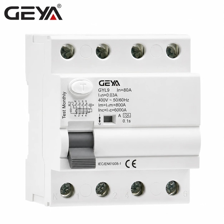 RCD GEYA GYL9 4P 80A 30mA Tip A - Intreruptor diferential trifazat 400V