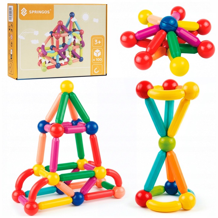 Springos építőjáték készlet, 3D mágneses kockák, 100 db, többszínű