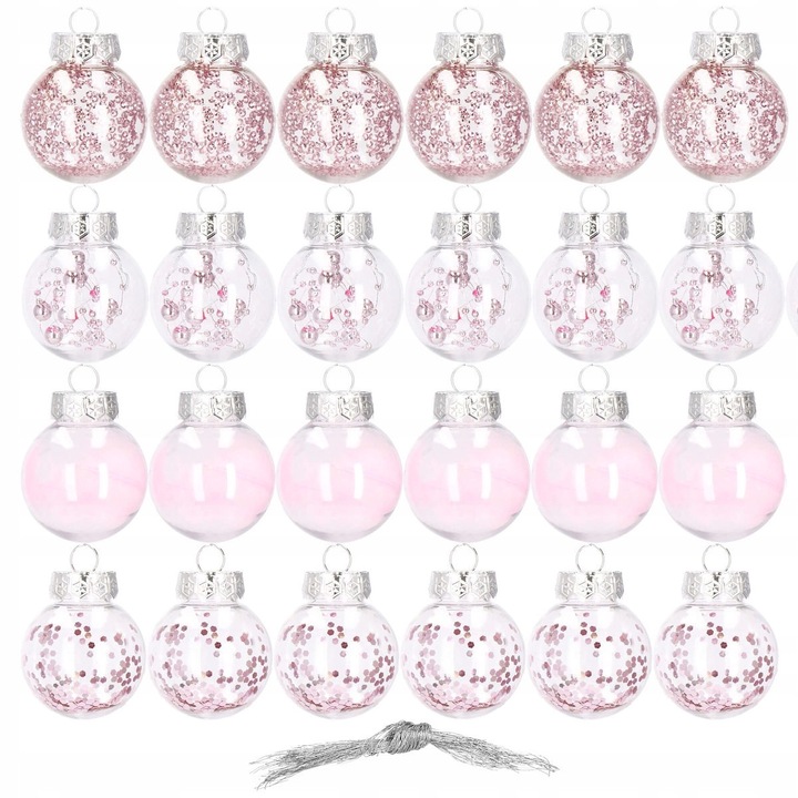 Set globuri de Craciun, 24 bucati, transparente cu interior roz, 5 cm, Springos
