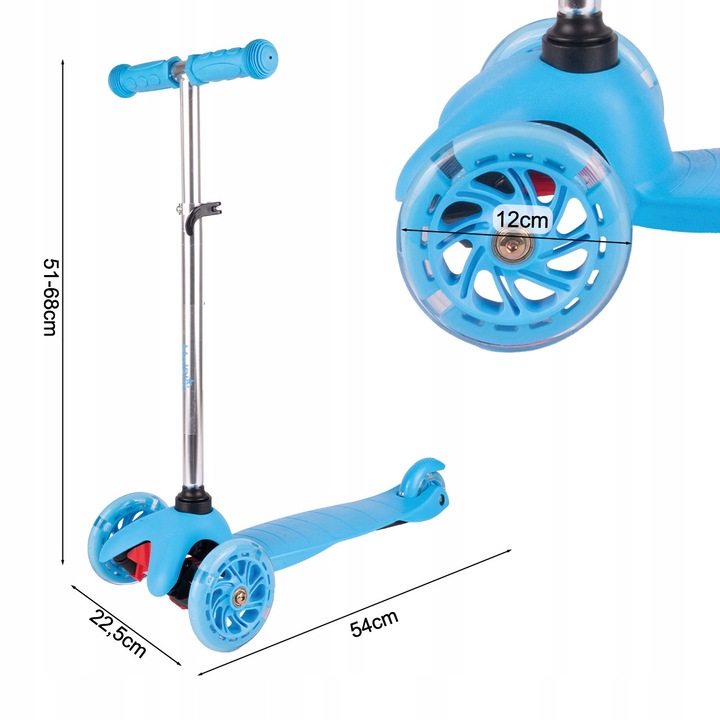 MalPlay gyermek roller, LED kerekekkel, kék, állítható magasság 51-68cm, súly 1,7kg