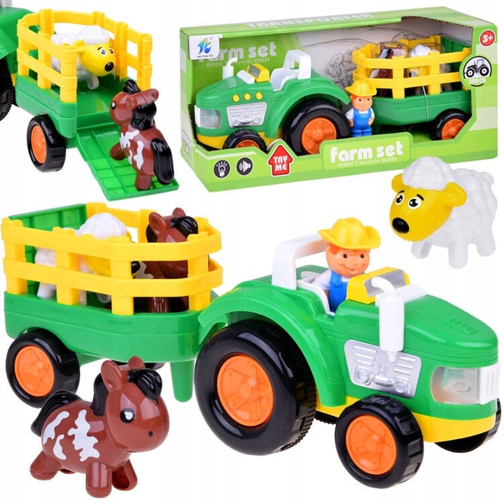 Tractor cu remorca, Jokomisiada, verde-galben, set cu fermier si animale, 31x12x10cm