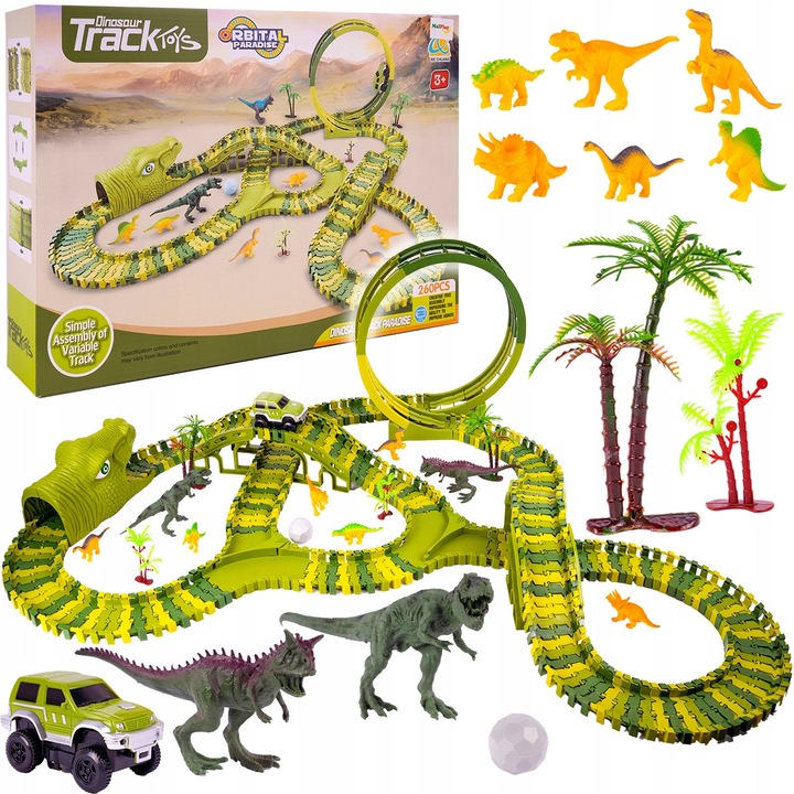 Dino Park elektromos autós versenypálya szett, MalPlay, 260 elem, többszínű, 107x90x32cm