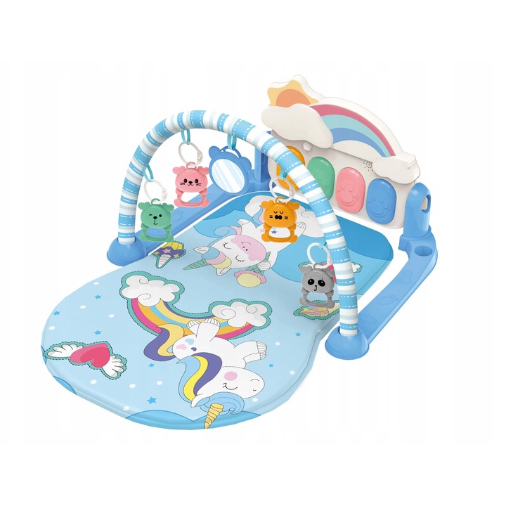 Mata educationala interactiva Norimpex, cu efecte sonore si luminoase, tema curcubeu si unicorni, 58x70x41cm, set cu 4 jucarii suspendate