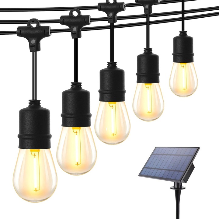 Ghirlanda Luminoasa Decorativa, awwaline, Neagra, Incarcare Solara sau USB, 10 Metri, 10 Becuri LED Lumina Calda, Interconectabila, 9 programe de lumini, 2W/bec, 3000K, IP65, ideala pentru Interior/Exterior/Gradina