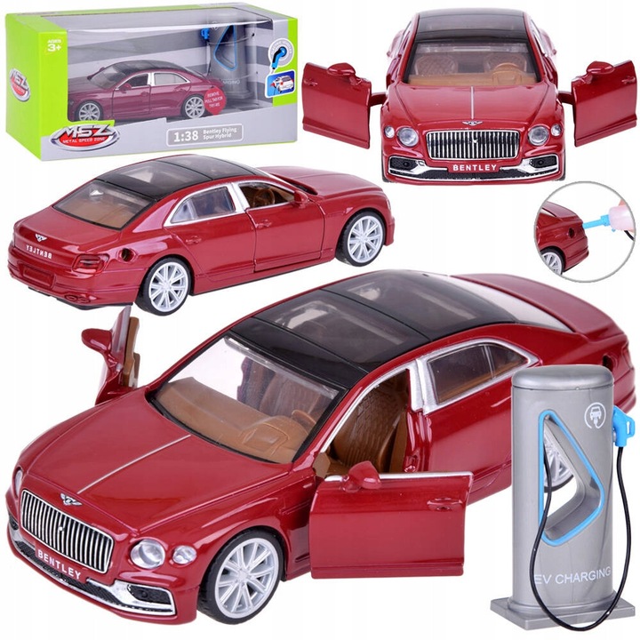 Метална кола Bentley Flying Spur Hybrid, звукови и светлинни ефекти, бордо, 13x5,5x4см, комплект със зарядна станция