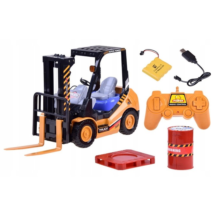 Carucior cu furca RC, Jokomisiada, 37x19x12,5cm, cu telecomanda, set cu paleta, pentru copii 3+