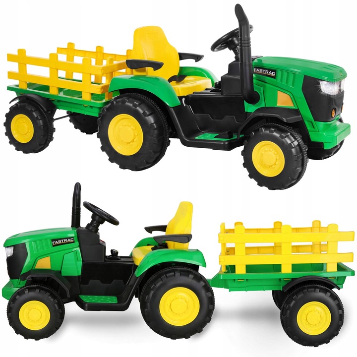 Gyermek elektromos traktor utánfutóval, Springos, zöld/sárga/fekete, 160x65x68,5cm, 3,5 km/h, távirányítóval
