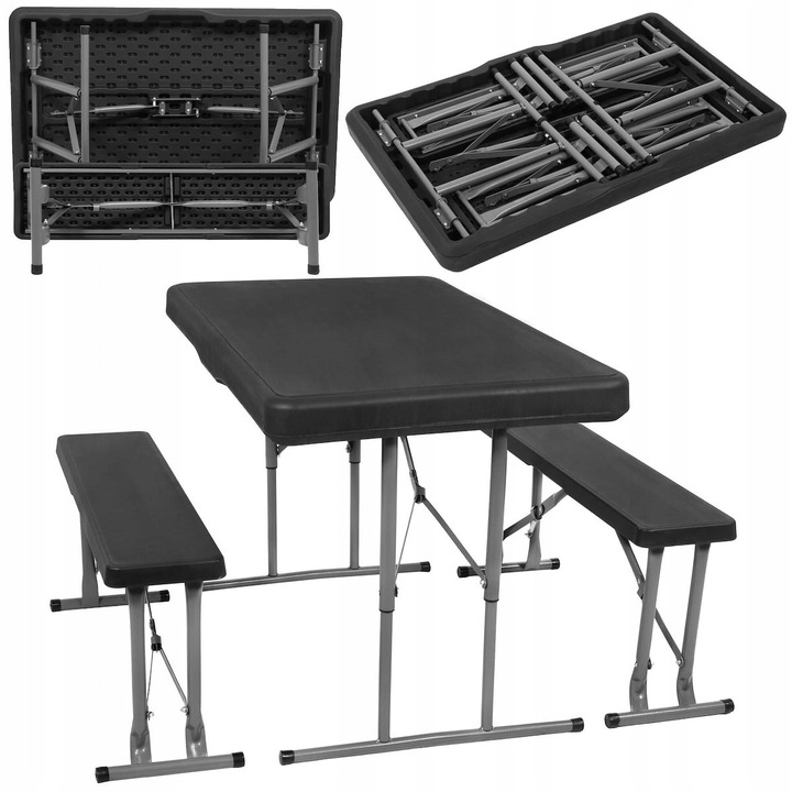 Catering bútorszett, Springos, asztal 105x64x70cm, 2 pad 85x20,5x40cm, HDPE, fém