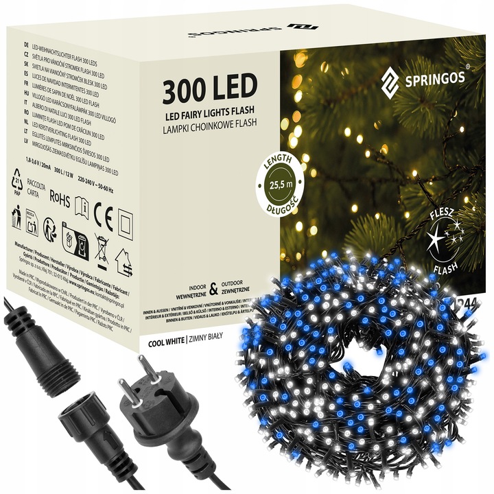 Коледни лампички, Springos, 300 LED, 25,5м, студено бяло + синя светкавица, възможен комплект