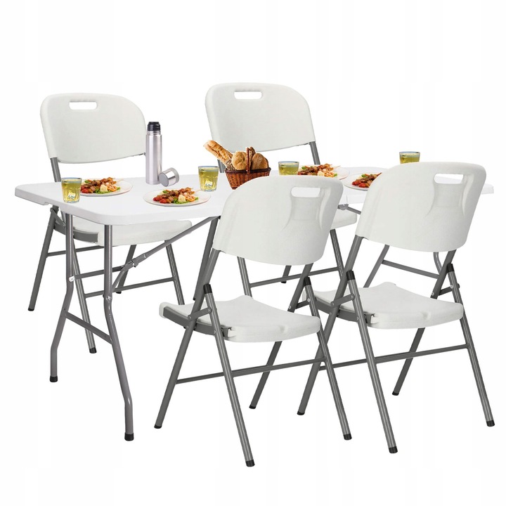 Catering szett, Springos, összecsukható fehér asztal 180x74cm + 4 szék, HDPE anyag, fém