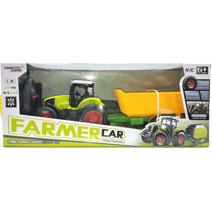 Tractor RC cu remorca, QULKI, 39cm, alimentare USB, 1:16, pentru copii de la 6 ani