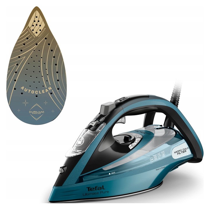 Fier de calcat Tefal Ultimate Pure FV9851, 3200 W, abur continuu 60 g/min, abur suplimentar 300 g/min, alb