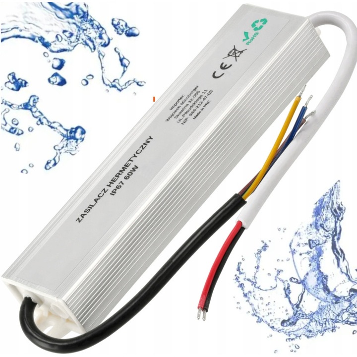 Sursa LED 24V 60W 2,5A IP67 херметична метална, размери 16x4x2,2cm