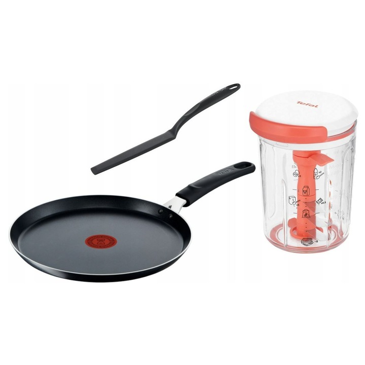 Комплект тигани за палачинки Tefal Simplicity 25 см, шпатула, миксер за тесто 900 мл, черен