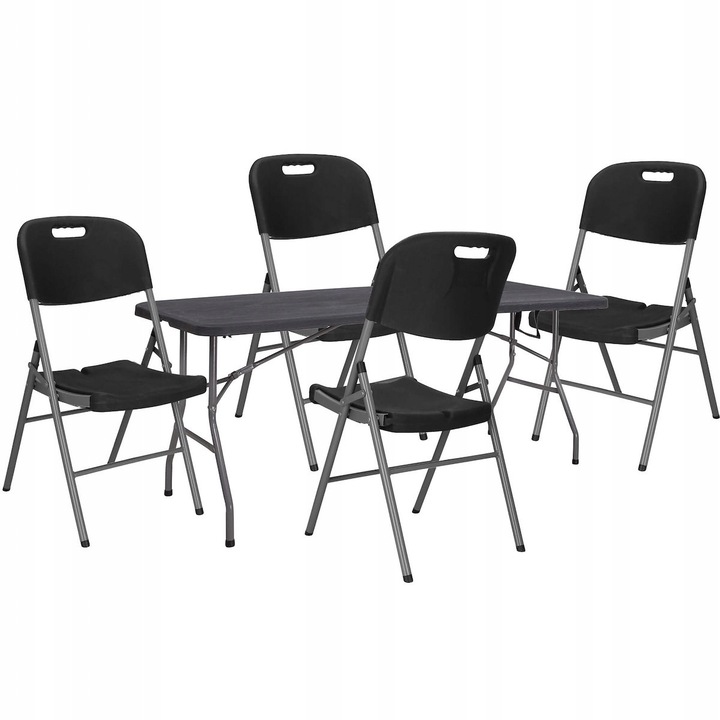 Catering asztal szett 4 székkel, Springos, 180x75cm, fekete, HDPE anyag, fém