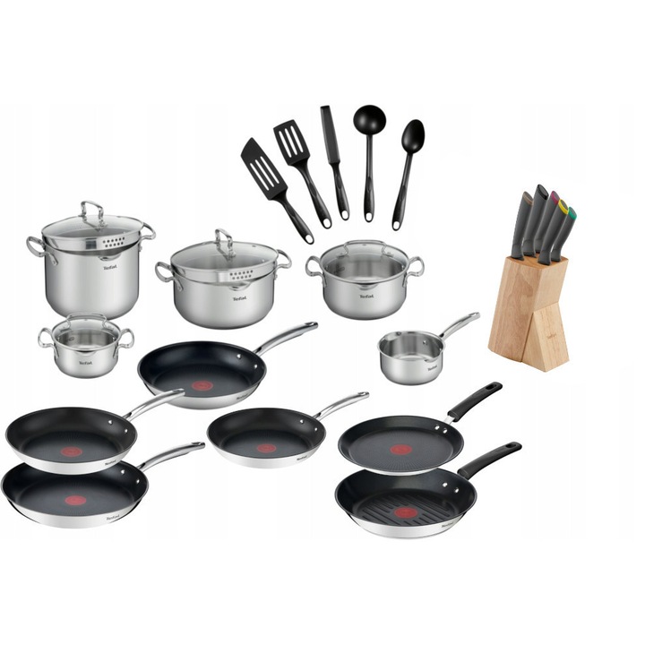 Tefal Duetto edény- és serpenyőkészlet, 26 részes, rozsdamentes acél, 16-30 cm, 5 konyhai eszköz, 5 kés