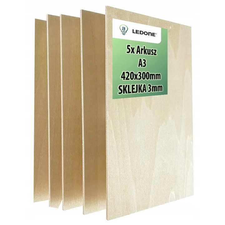 LED-ONE W44M4KH908M шперплат 3 мм, A3 420x300 мм, брезов шперплат, натурален, комплект 5 бр.