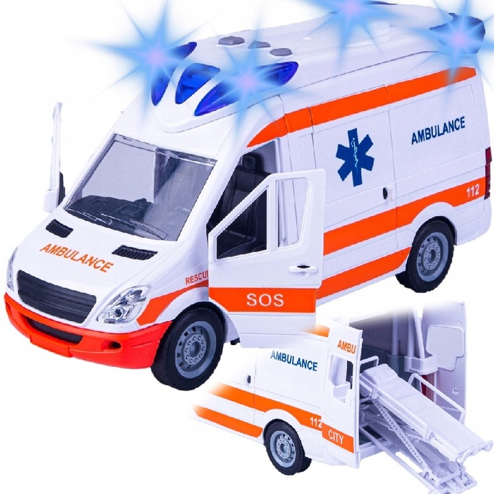Ambulancia Mega Creative hangokkal, nyitható ajtókkal, 2 nővérrel, 26x9x12cm