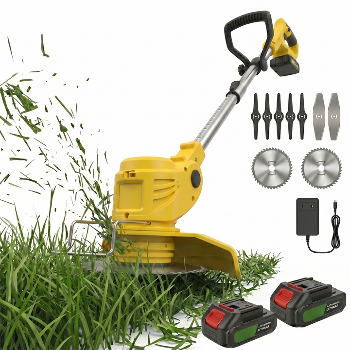 Motocoasa Electrica Fara Fir Infiniteea™️, Putere 1880W, 18000 RPM, 2 Acumulatori 24V, Brat Ajustabil, Design Ergonomic, Set Complet, Disc 15cm, 2 Lame Metal, 5 Lame Plastic, Incarcator, Ideala pentru Gazon, Buruieni si Arbusti, Portabila, Galben