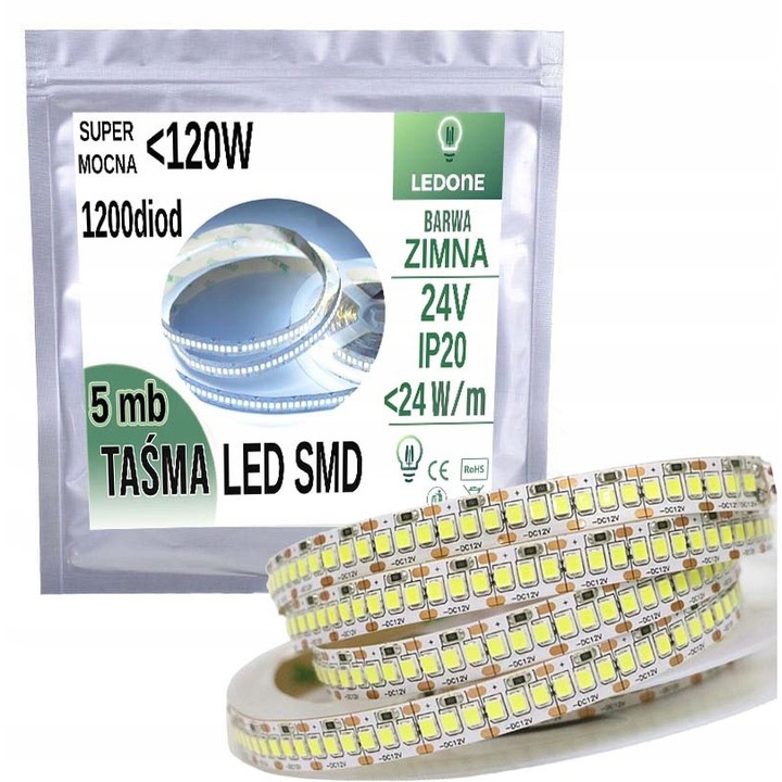 LED лента 24V, LED-ONE, 5м, бяла, 1200 диода, IP20
