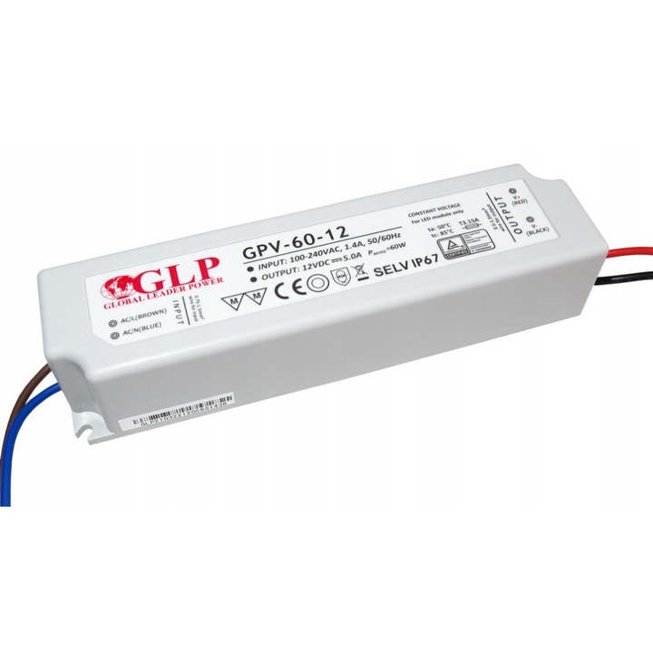 LED tápegység 12V 60W 5A vízálló IP67, LED-ONE, méretek 162x42x33mm