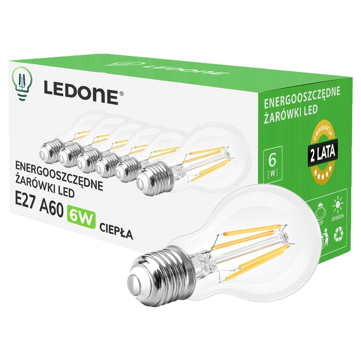 6 db LED filament E27 A60 6W izzó készlet, meleg fehér, átlátszó, 60x105mm