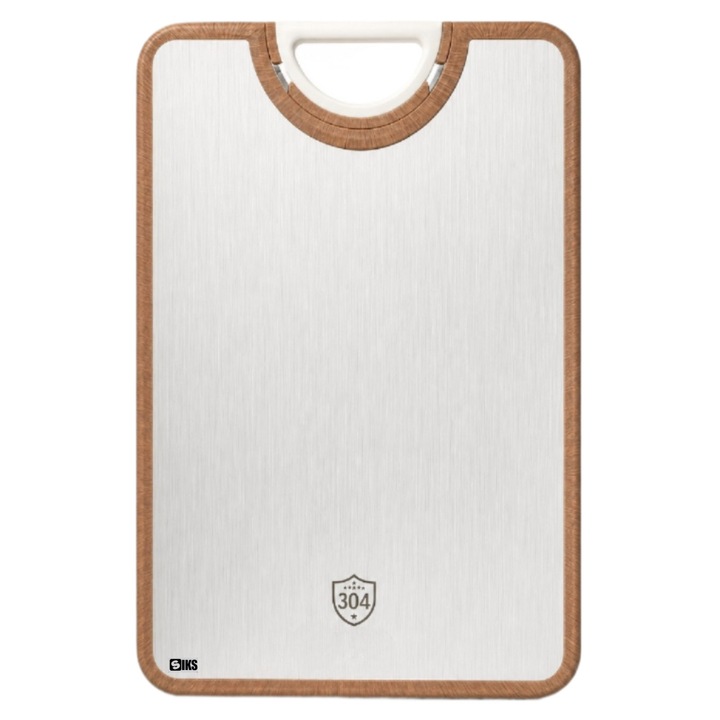 Tocator Dublu De Bucatarie SIKS Tip Placa Profesional, Fata Din Inox Si Fata Din Fibra, 360 Antibacterial, Colt Functie Mini Razatoare, Cu Maner Rotativ, Usor De Spalat, Ergonomic, Dimensiuni 41 cm x 28 cm x 1.5 cm, Argintiu / Maro