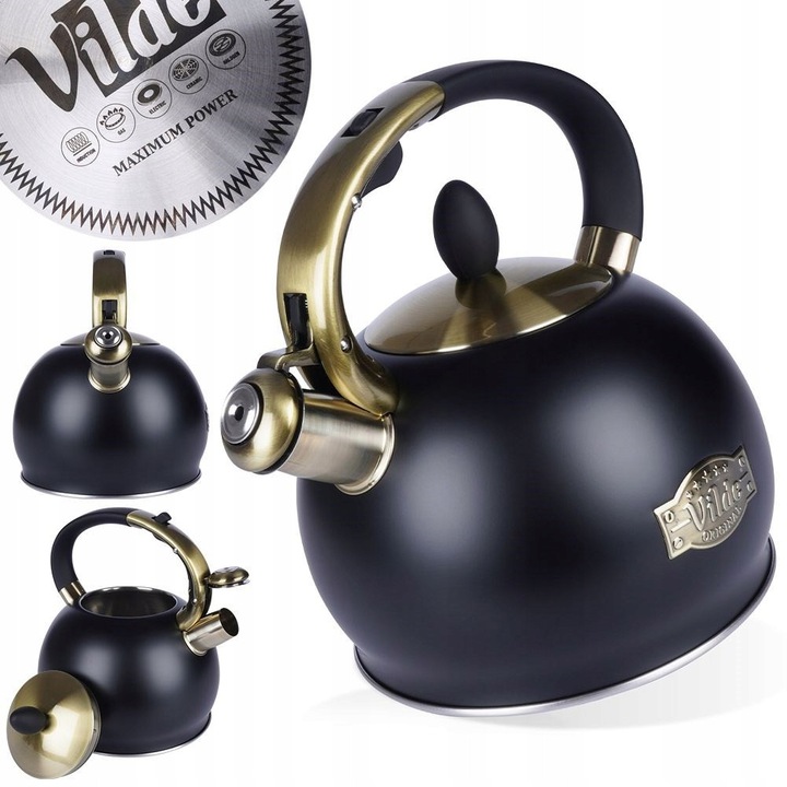 Vilde HQ teáskanna, rozsdamentes acél vízforraló, automata síppal, soft-touch fogantyúval, fekete, 3 L