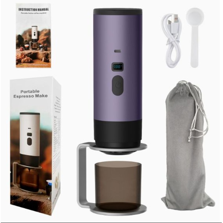 Aparat de cafea portabil 2 in 1, compatibil cu cafea macinata sau capsule, 15 bari, baterie de 7800 mAh, functie de incalzire integrata, compatibil cu incarcarea rapida in masina,, violet