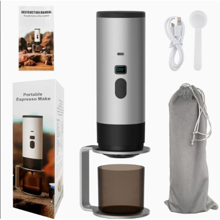 Aparat de cafea portabil 2 in 1, compatibil cu cafea macinata sau capsule de cafea, presiune de 15 bari, baterie de 7800 mAh, functie de preincalzire integrata, culoare gri