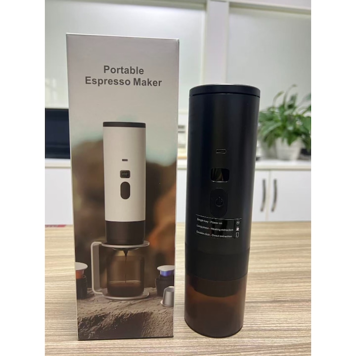Aparat de cafea portabil 2 in 1, compatibil cu cafea macinata sau capsule, presiune de 15 bari, baterie de 7800 mAh, functie de preincalzire integrata, negru
