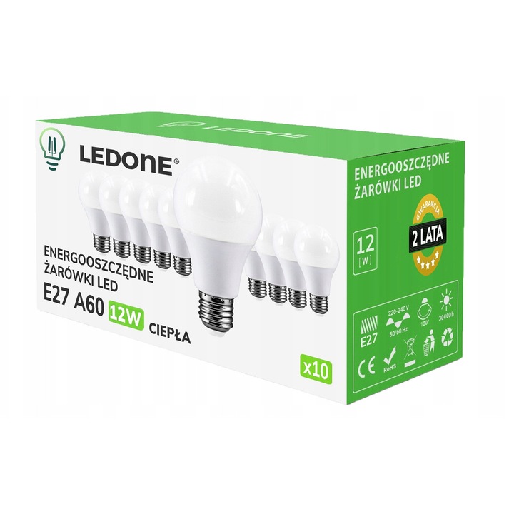 10 db E27 A60 12W meleg fehér LED izzó készlet, 230V, 1050 lumen, 110x60mm