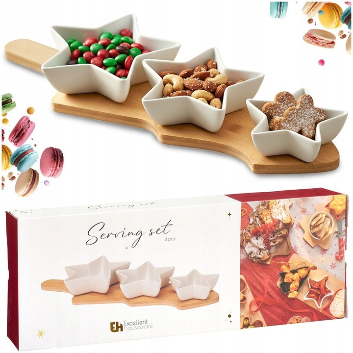 Set de servire pentru aperitive, Vilde, 4 piese, portelan alb, forma de stea si brad, 42x14x5,5cm