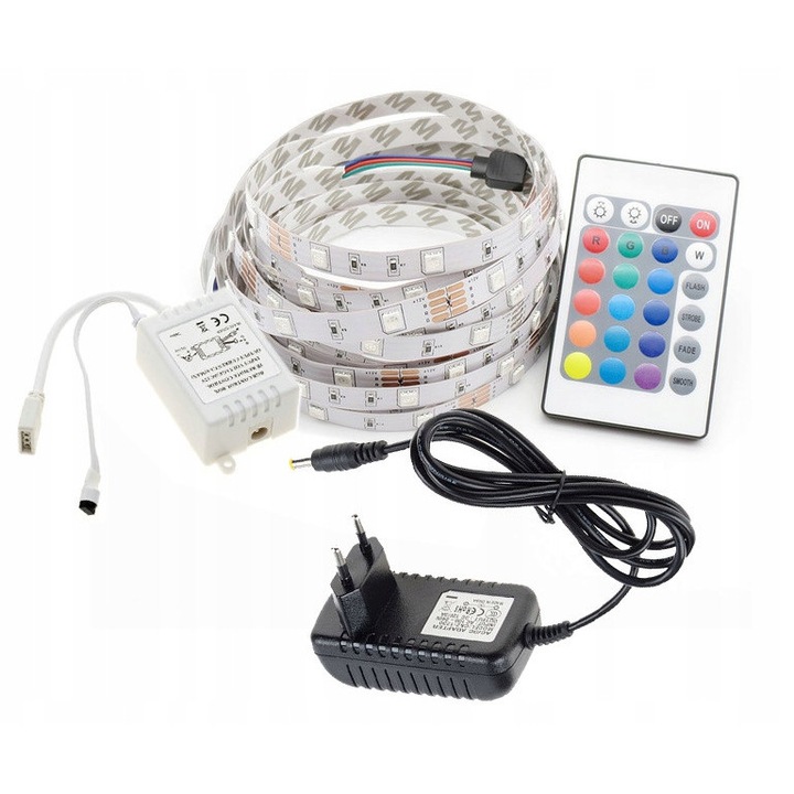 LED szalag szett 2,5m RGB 5050, 150 dióda, IR vezérlő 24 gombbal, 12V tápegység