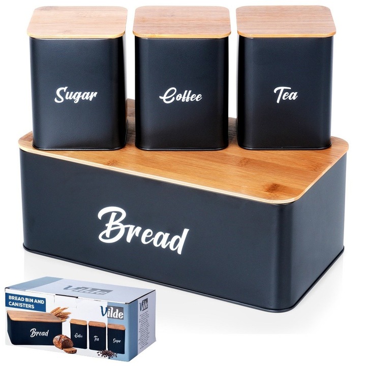 Set chlebak si 3 recipiente, Vilde, metal negru, bambus, 33,5x18,5x13cm, 10,5x10,5x13,5cm