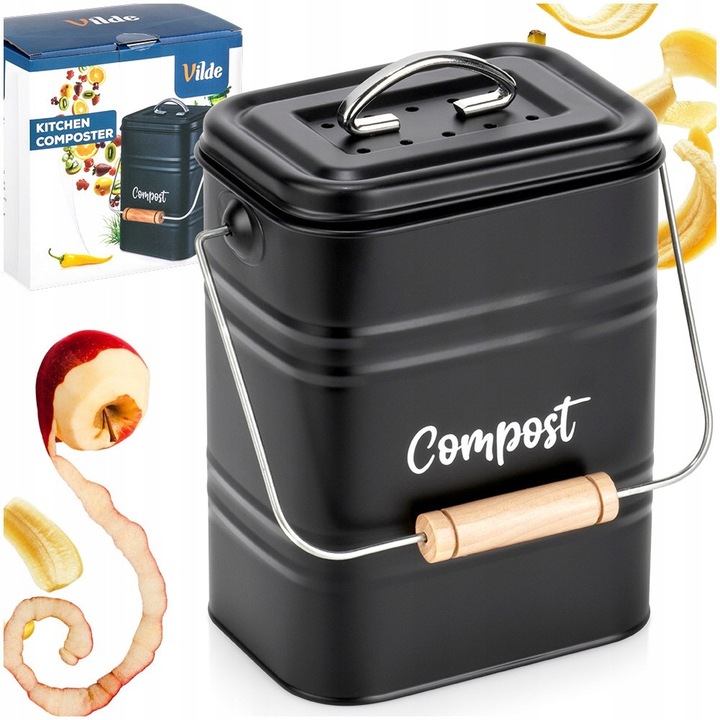 Cos de gunoi Vilde, model KUCHENNY, 5L, metalic, cu filtru de carbon