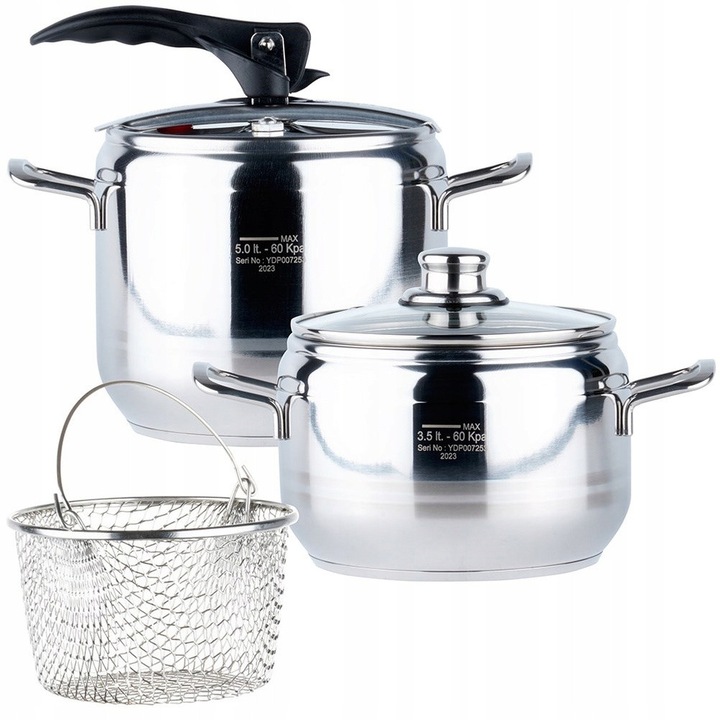 2 db edénykészlet, 3,5L és 5L, rozsdamentes acél, teljes kapacitás 22cm, ezüst