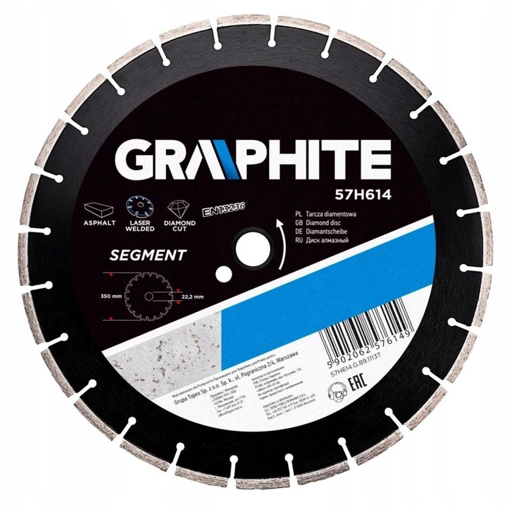 GRAPHITE 57H614 szegmentált gyémánttárcsa, gyémánt penge, 350 x 25.4 mm, lézerhegesztett, aszfalthoz és betonhoz, fekete
