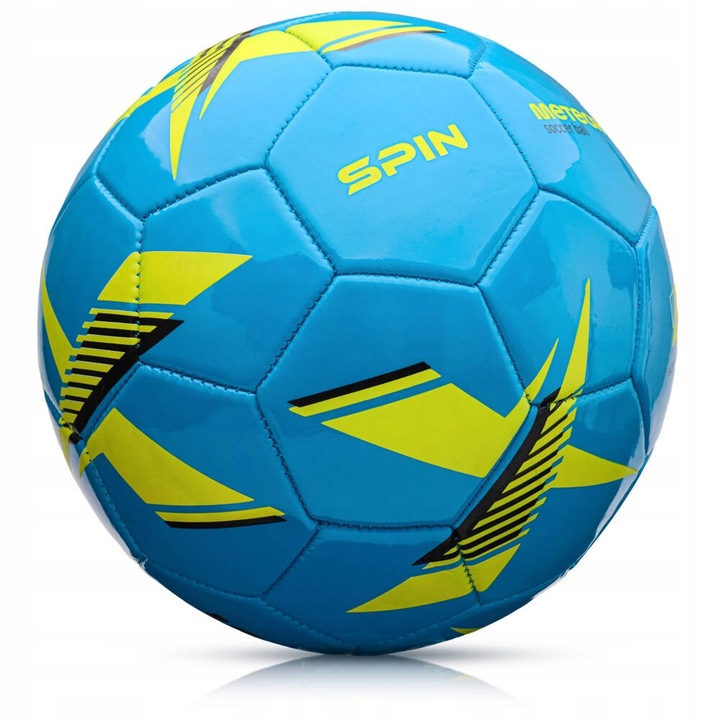 Meteor, PVC futball-labda, 32 paneles, latex belsővel és butil szeleppel, Spin modell, kék/sárga, 5-ös méret
